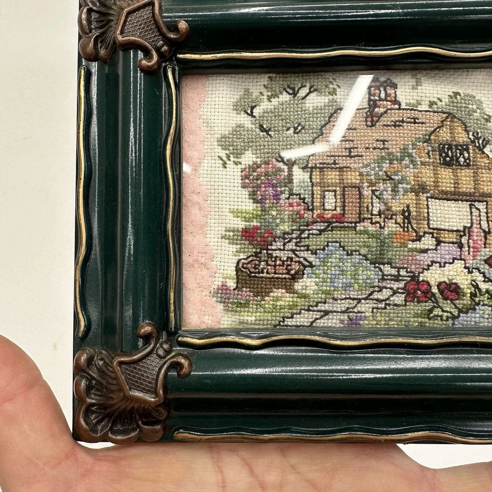 Embroidered Cross Stitch Handmade Vtg Countryside Rustic Cottage 7